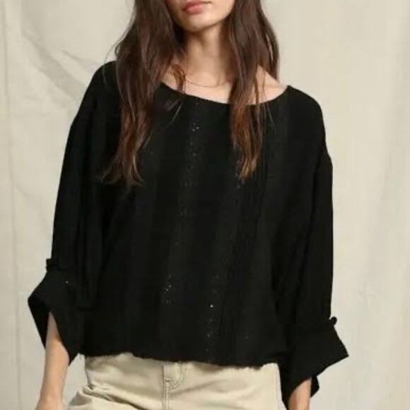 By Together NWT Black Round Neck Raw Hem Gauze Top Lace Detailing on Front Sz S - Picture 2 of 11